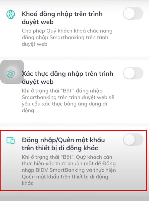 bật đăng nhập BIDV SmartBanking trên thiết bị khác