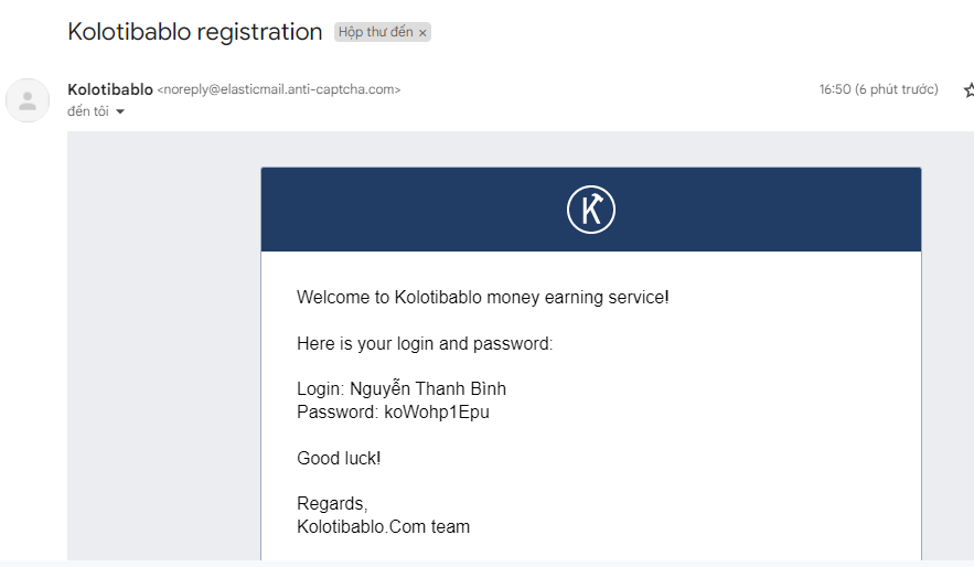 Mail đăng ký tài khoản Kolotibablo thành công